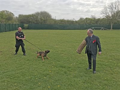 Rupert Matthews with PC Paul Goldsworthy and Police Dog Silas