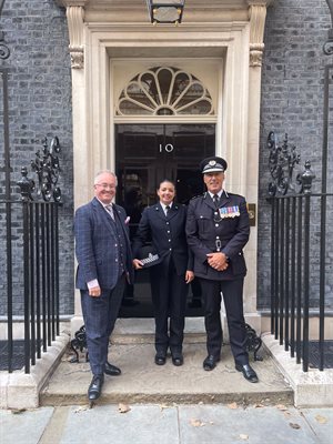 The PCC and Chief Constable with PC Summer Lobo outside No. 10