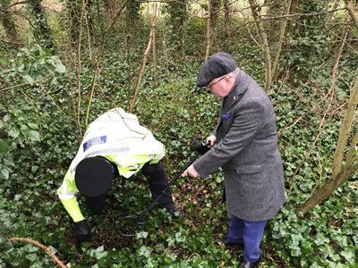 Rupert Matthews in Stokeswood Park searching for weapons with metal detector